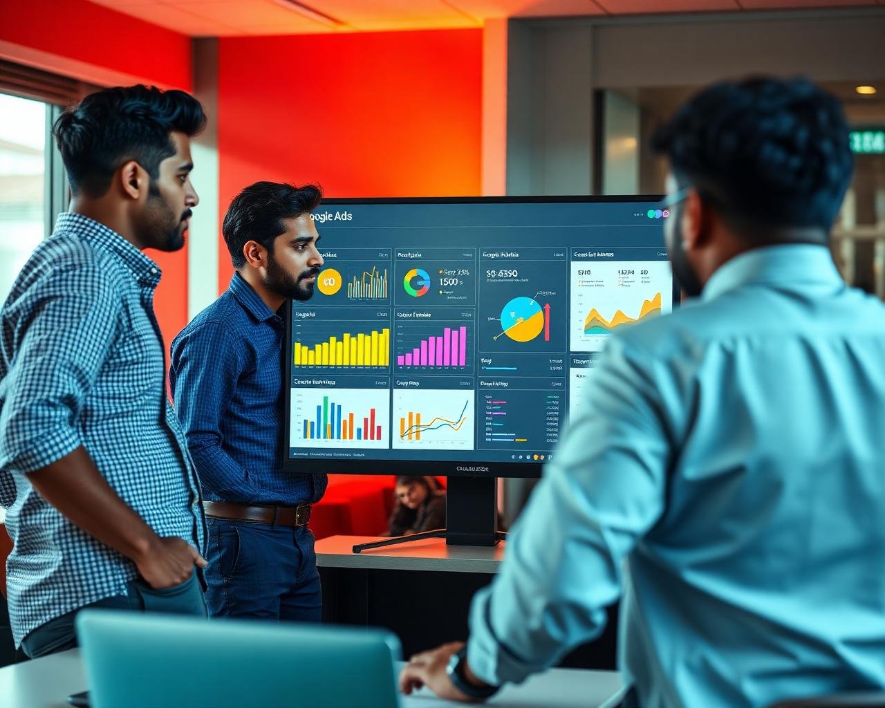 Fortune Tech Soft team reviewing SEO and Google Ads performance dashboard